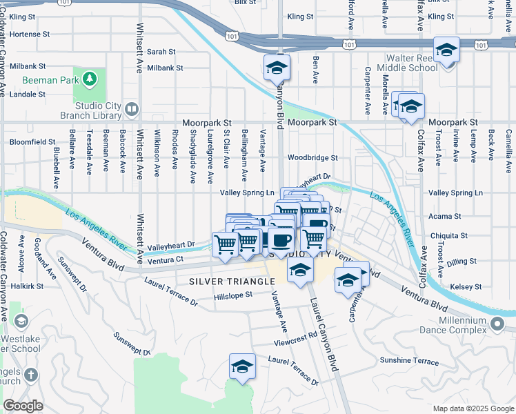 map of restaurants, bars, coffee shops, grocery stores, and more near 4143 Vantage Avenue in Los Angeles