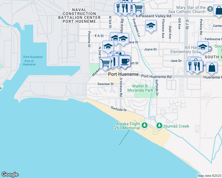 map of restaurants, bars, coffee shops, grocery stores, and more near 233 South Ventura Road in Port Hueneme