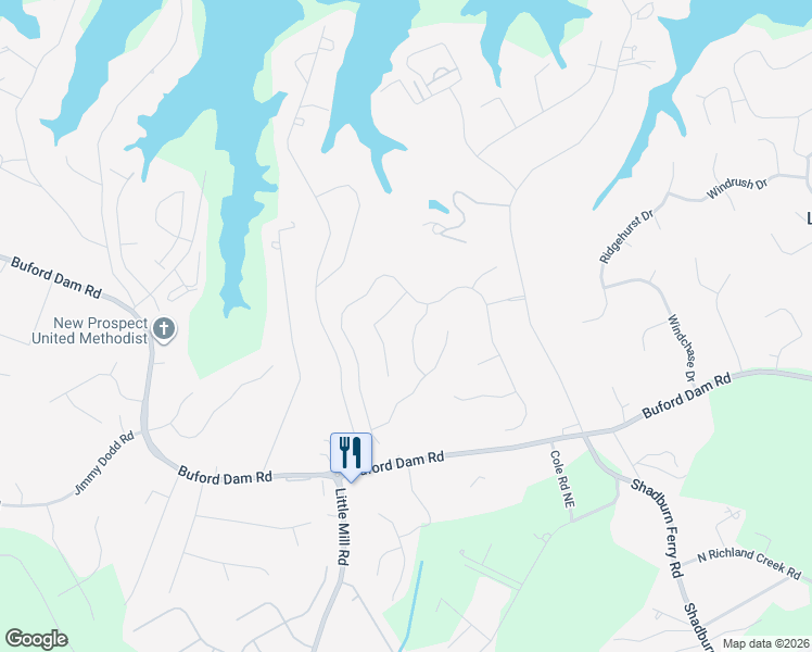 map of restaurants, bars, coffee shops, grocery stores, and more near 5864 Saint Miles Drive in Buford