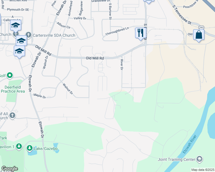 map of restaurants, bars, coffee shops, grocery stores, and more near 25 River Drive in Cartersville