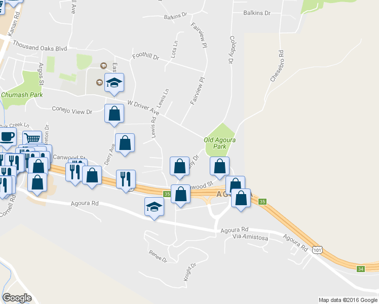 map of restaurants, bars, coffee shops, grocery stores, and more near 5323 Colodny Drive in Agoura Hills