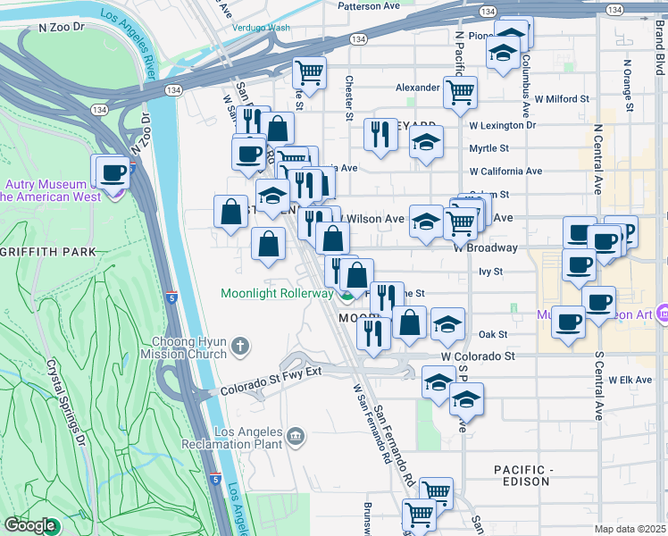 map of restaurants, bars, coffee shops, grocery stores, and more near 717 Ivy Street in Glendale