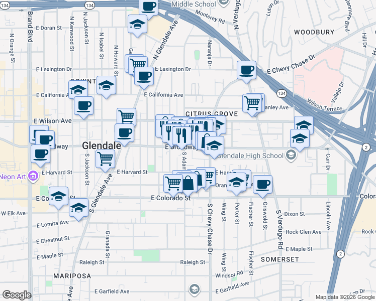 map of restaurants, bars, coffee shops, grocery stores, and more near 99 North Adams Street in Glendale