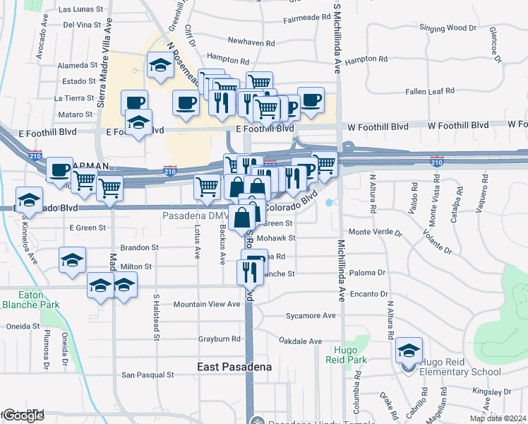 map of restaurants, bars, coffee shops, grocery stores, and more near 3722 East Colorado Boulevard in Pasadena