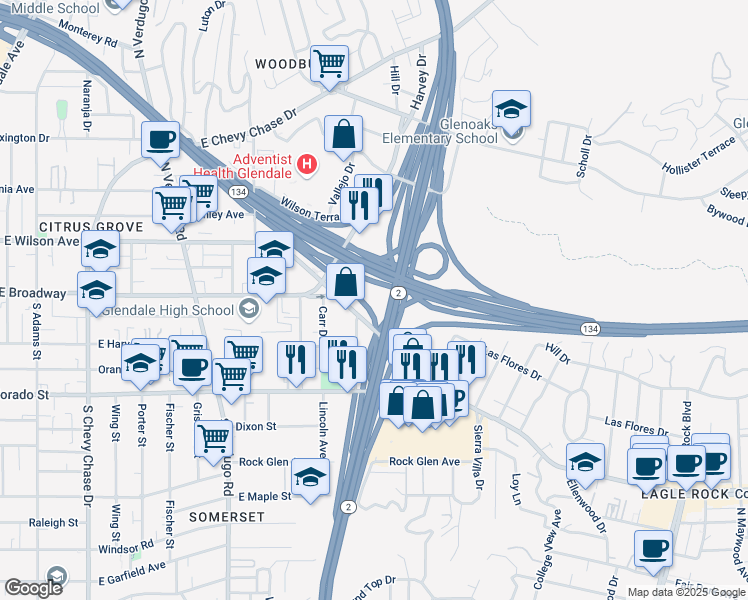 map of restaurants, bars, coffee shops, grocery stores, and more near 2901 West Broadway in Los Angeles