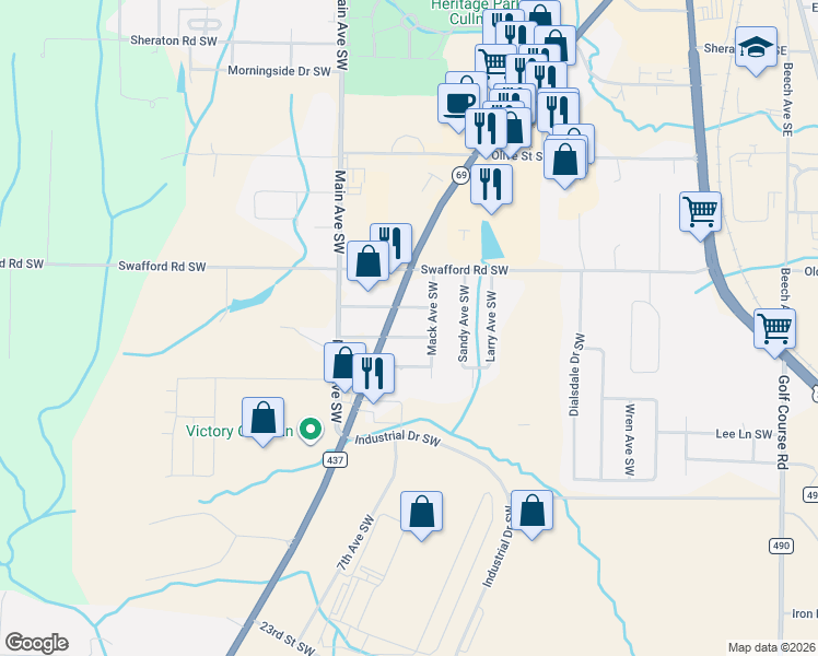 map of restaurants, bars, coffee shops, grocery stores, and more near 803 Fisher Street Southwest in Cullman
