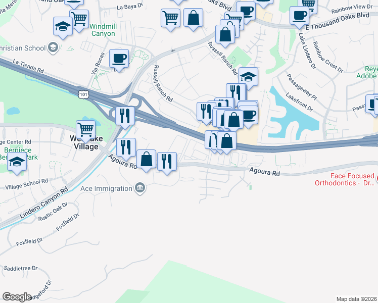 map of restaurants, bars, coffee shops, grocery stores, and more near 31111 Agoura Road in Westlake Village