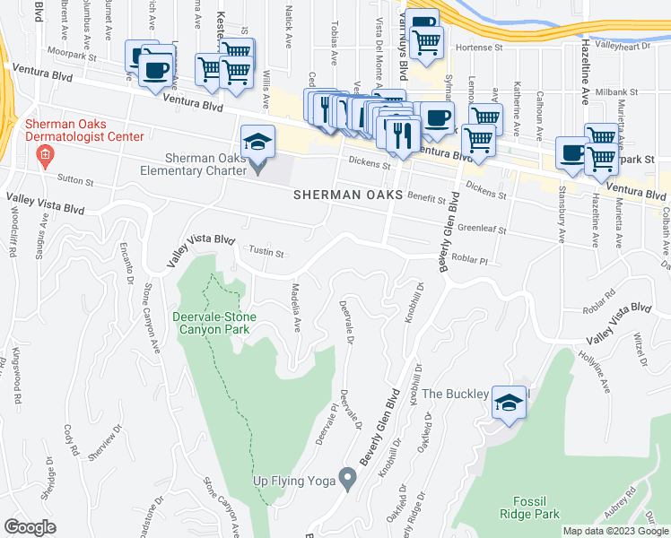 map of restaurants, bars, coffee shops, grocery stores, and more near 14639 Round Valley Drive in Los Angeles