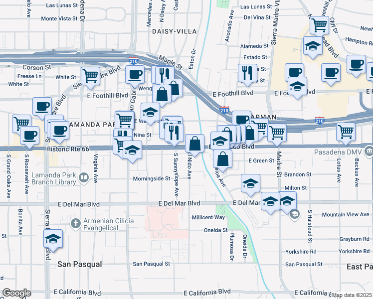 map of restaurants, bars, coffee shops, grocery stores, and more near 2960 East Colorado Boulevard in Pasadena