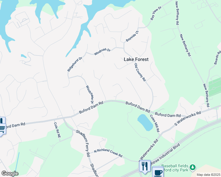 map of restaurants, bars, coffee shops, grocery stores, and more near 5707 Frontier Walk Lane Northeast in Buford