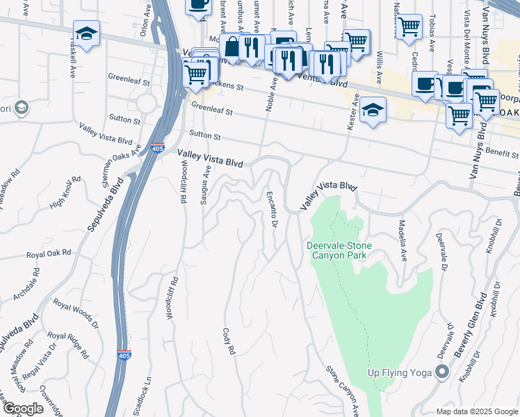 map of restaurants, bars, coffee shops, grocery stores, and more near 15091 Rayneta Drive in Los Angeles