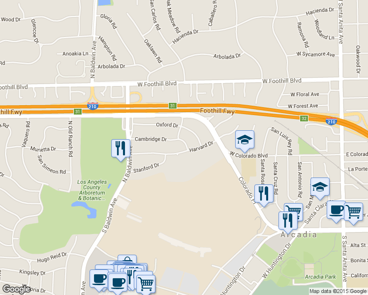 map of restaurants, bars, coffee shops, grocery stores, and more near 310 Cambridge Drive in Arcadia