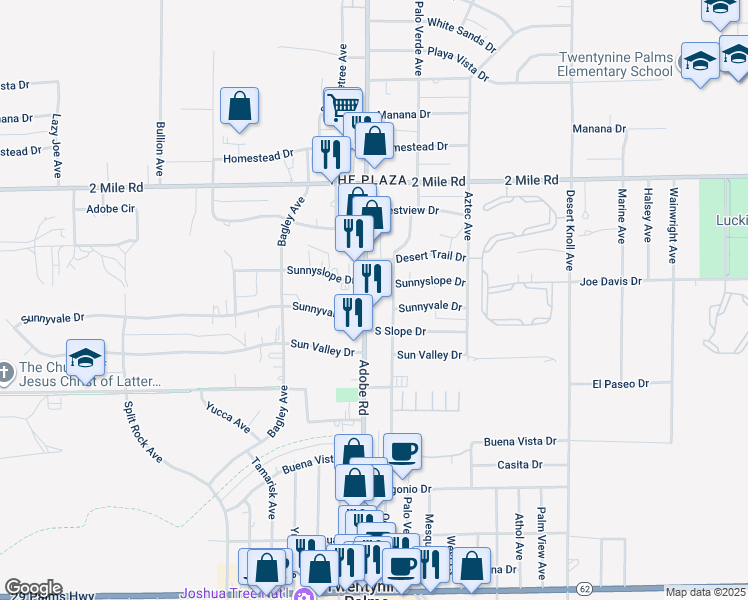 map of restaurants, bars, coffee shops, grocery stores, and more near 5915 Adobe Road in Twentynine Palms