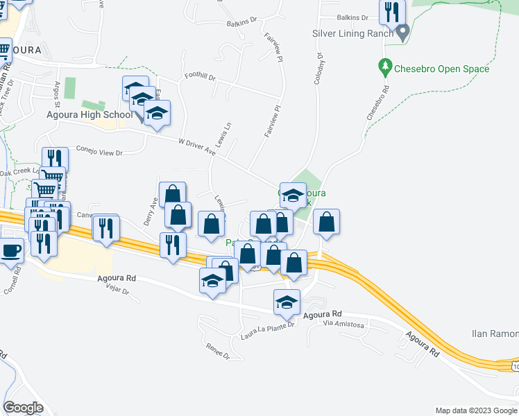 map of restaurants, bars, coffee shops, grocery stores, and more near 5321 Colodny Drive in Agoura Hills