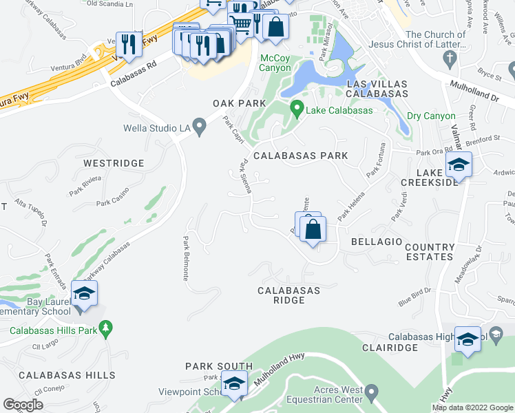 map of restaurants, bars, coffee shops, grocery stores, and more near 23690 Park Andorra in Calabasas