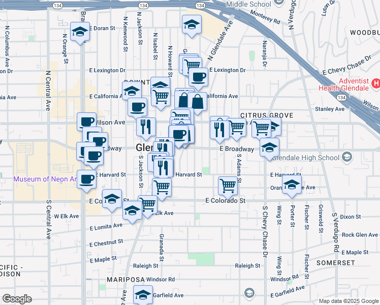 map of restaurants, bars, coffee shops, grocery stores, and more near 100 Franklin Court in Glendale