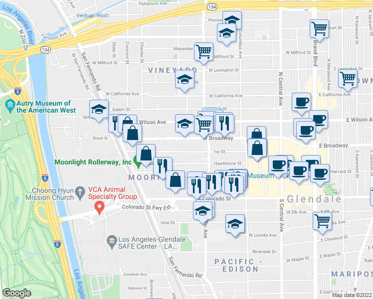 map of restaurants, bars, coffee shops, grocery stores, and more near 545 Ivy Street in Glendale