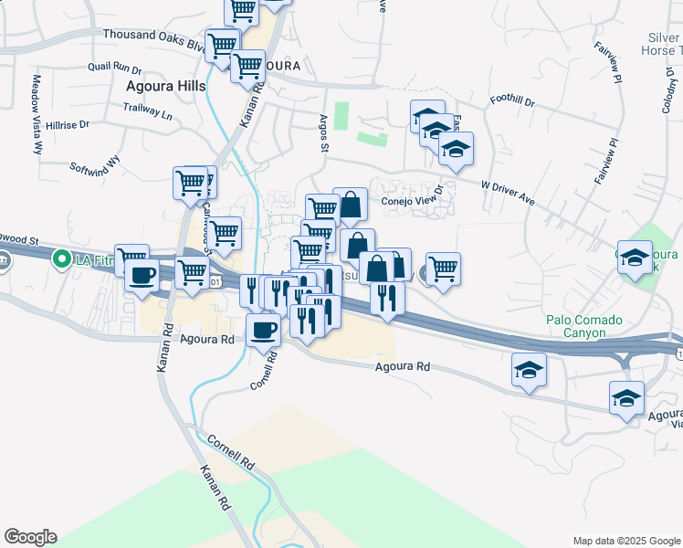 map of restaurants, bars, coffee shops, grocery stores, and more near 5108 Clareton Drive in Agoura Hills