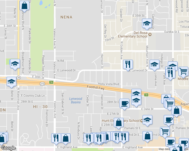 map of restaurants, bars, coffee shops, grocery stores, and more near 3048 North Casa Loma Drive in San Bernardino