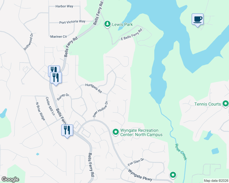 map of restaurants, bars, coffee shops, grocery stores, and more near 1030 Deer Hollow Drive in Woodstock