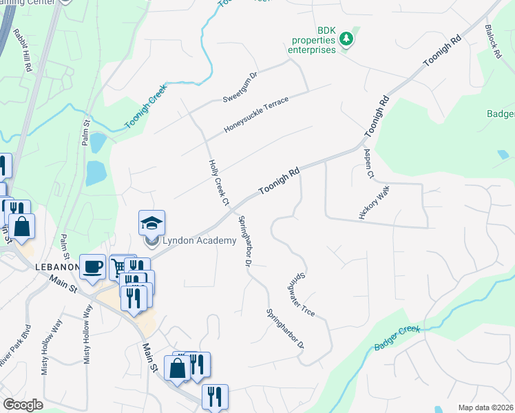 map of restaurants, bars, coffee shops, grocery stores, and more near 520 Toonigh Road in Woodstock