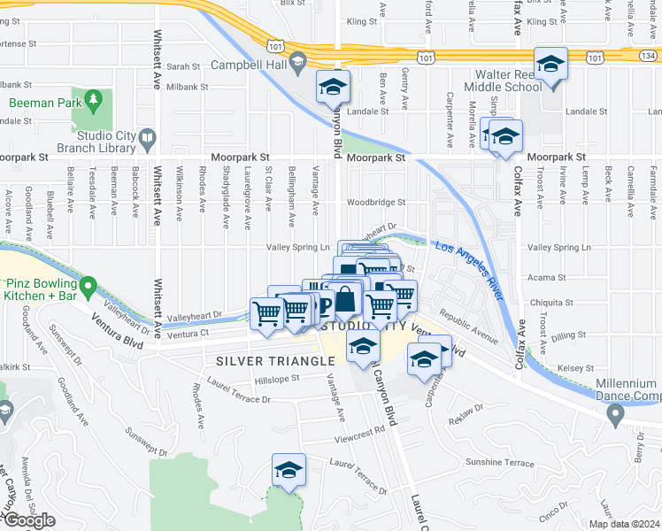 map of restaurants, bars, coffee shops, grocery stores, and more near 12115 Valleyheart Drive in Los Angeles