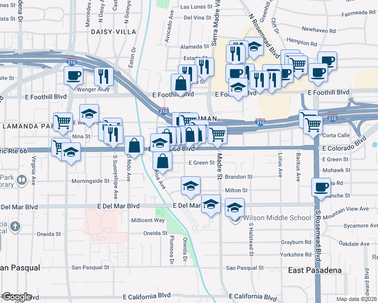 map of restaurants, bars, coffee shops, grocery stores, and more near 3200 West Historic Route 66 in Pasadena
