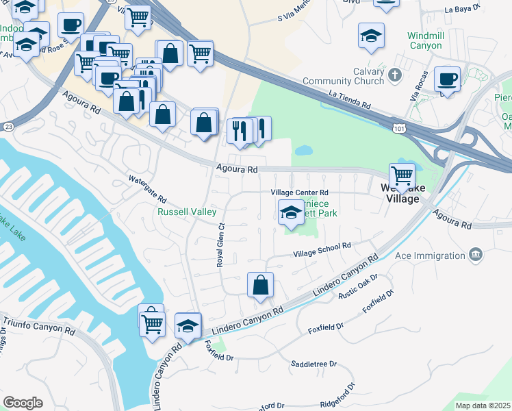 map of restaurants, bars, coffee shops, grocery stores, and more near 4431 Regents Court in Westlake Village