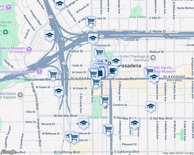 map of restaurants, bars, coffee shops, grocery stores, and more near in Pasadena