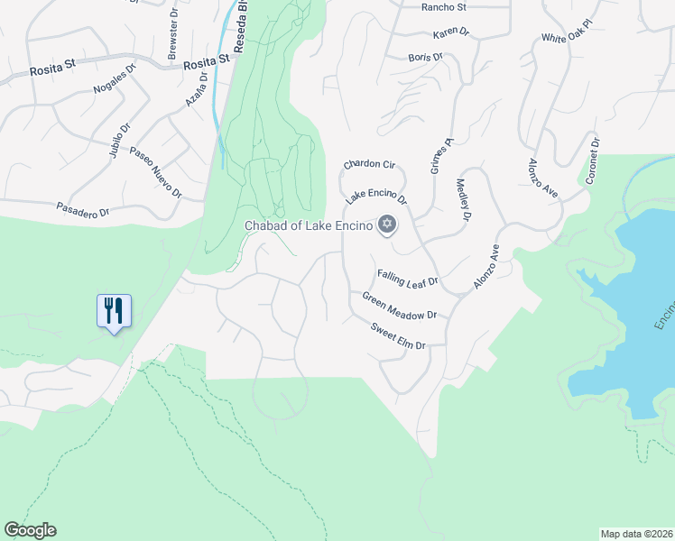 map of restaurants, bars, coffee shops, grocery stores, and more near 18321 Lake Encino Drive in Los Angeles
