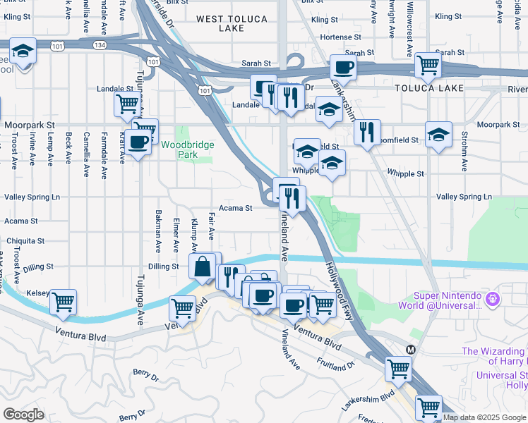 map of restaurants, bars, coffee shops, grocery stores, and more near 11044 Acama Street in Los Angeles