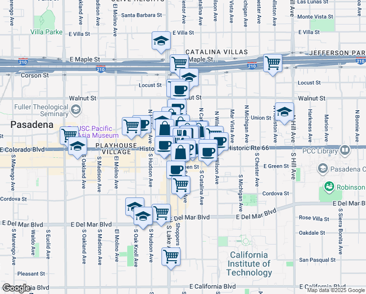 map of restaurants, bars, coffee shops, grocery stores, and more near 931 East Colorado Boulevard in Pasadena