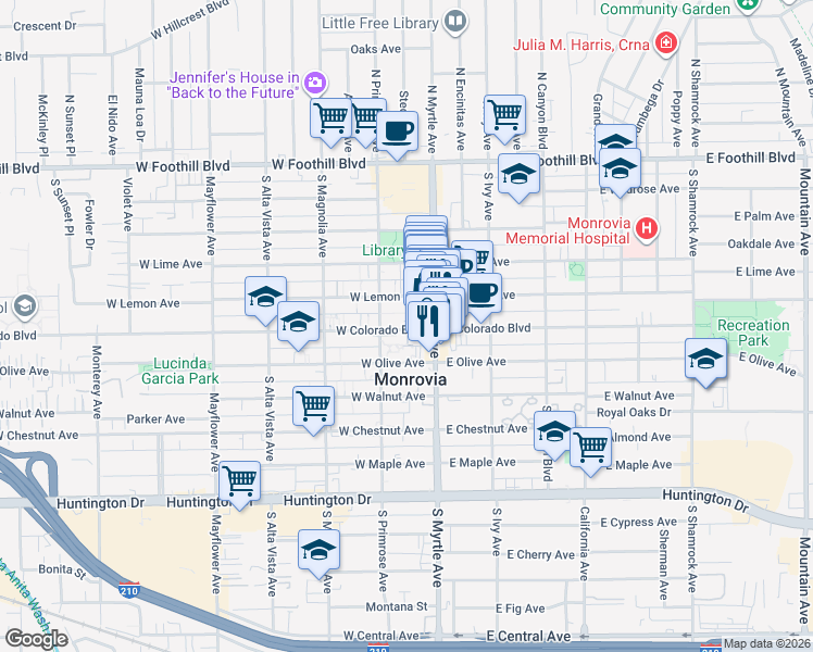 map of restaurants, bars, coffee shops, grocery stores, and more near 125 West Colorado Boulevard in Monrovia