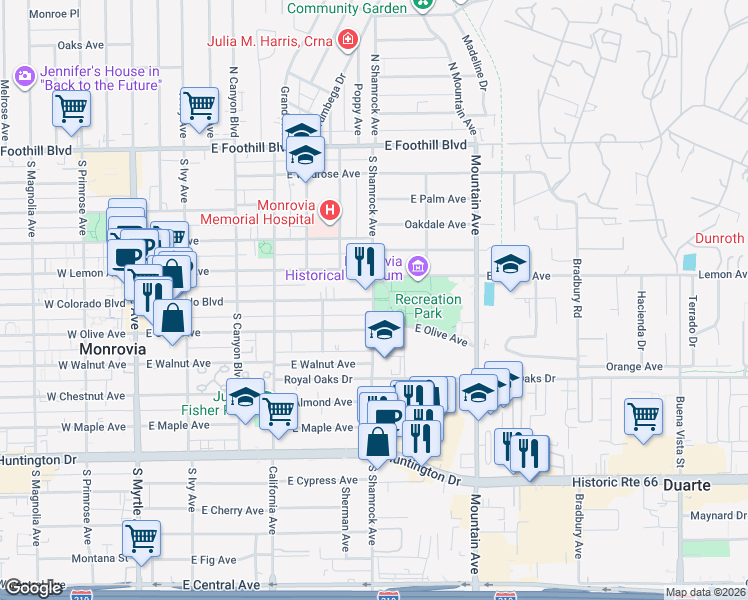 map of restaurants, bars, coffee shops, grocery stores, and more near Shamrock Avenue & East Colorado Boulevard in Monrovia