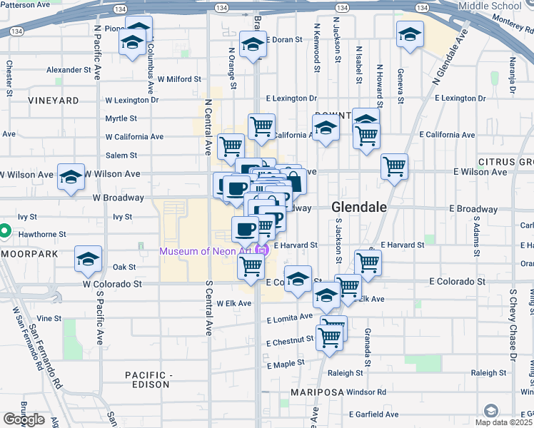 map of restaurants, bars, coffee shops, grocery stores, and more near 107 South Maryland Avenue in Glendale
