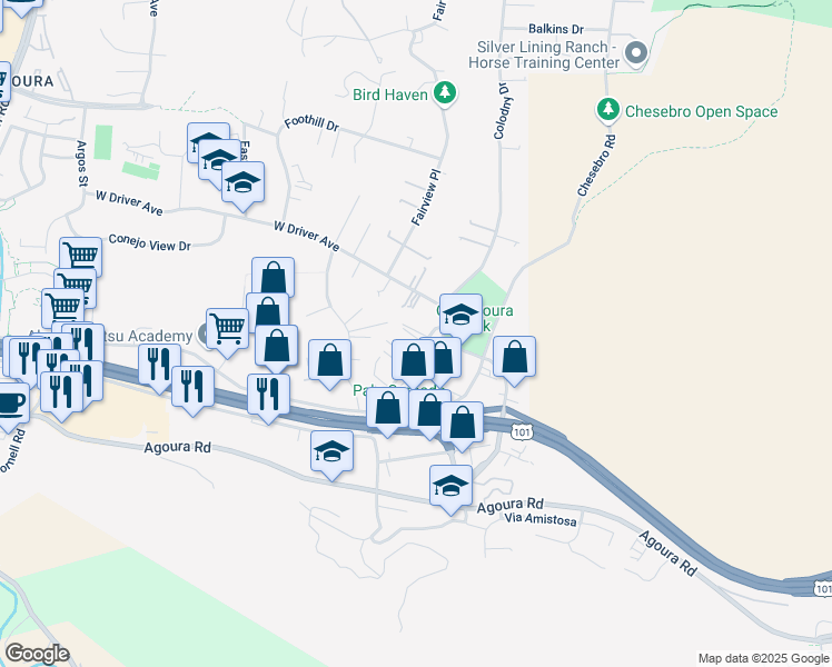 map of restaurants, bars, coffee shops, grocery stores, and more near 5323 Colodny Drive in Agoura Hills