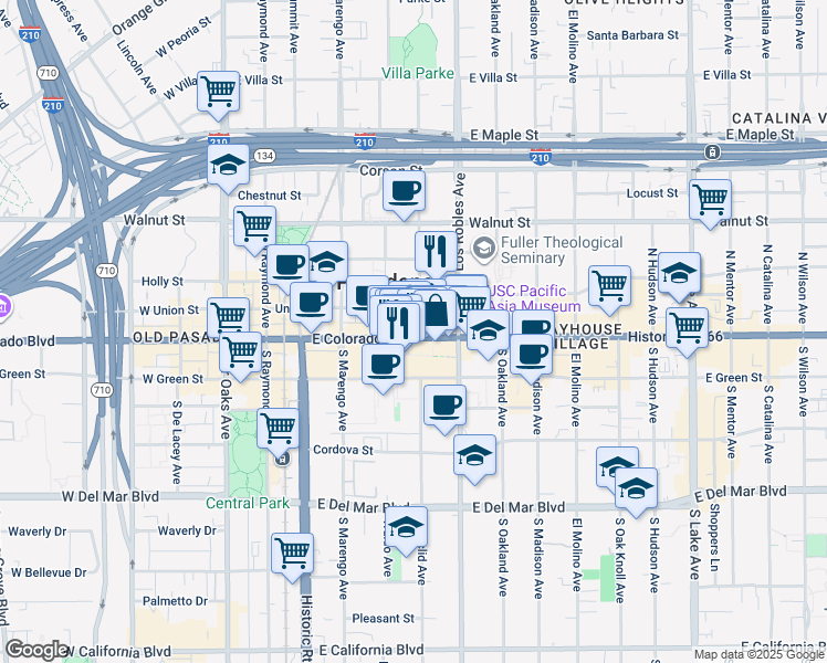 map of restaurants, bars, coffee shops, grocery stores, and more near 339 East Colorado Boulevard in Pasadena
