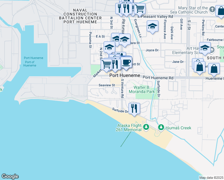 map of restaurants, bars, coffee shops, grocery stores, and more near 233 South Ventura Road in Port Hueneme