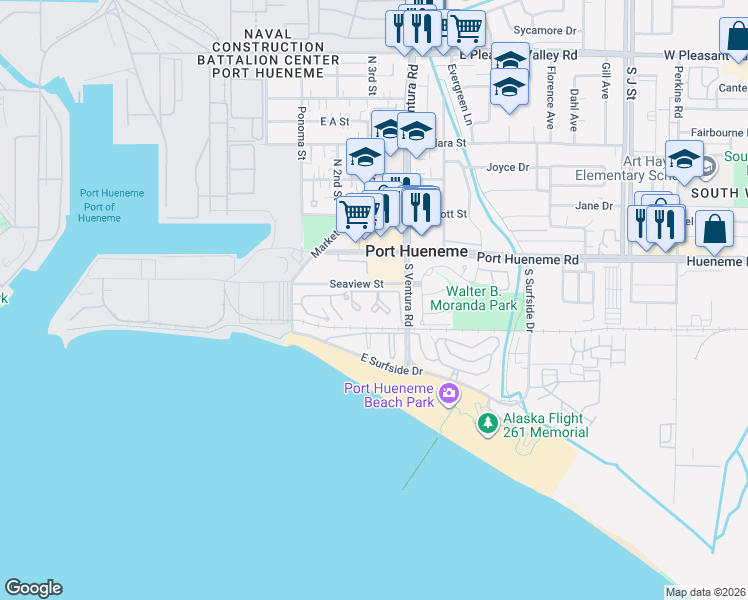 map of restaurants, bars, coffee shops, grocery stores, and more near 233 South Ventura Road in Port Hueneme