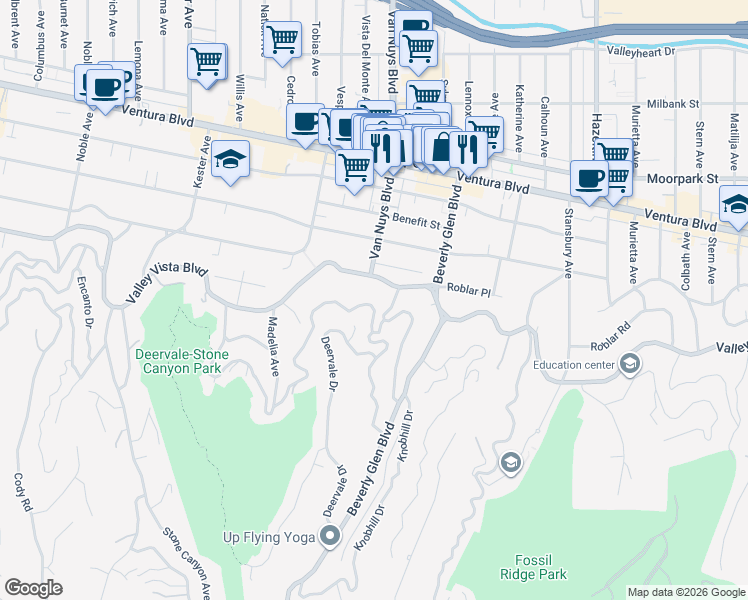 map of restaurants, bars, coffee shops, grocery stores, and more near 14563 Round Valley Drive in Los Angeles