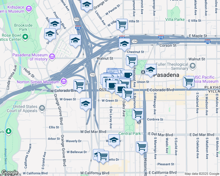 map of restaurants, bars, coffee shops, grocery stores, and more near 73 West Colorado Boulevard in Pasadena
