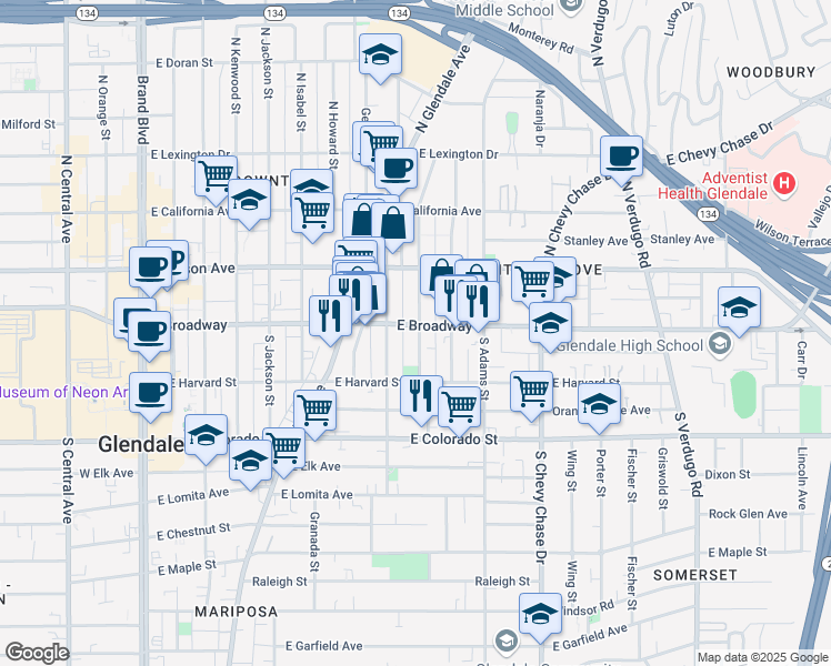 map of restaurants, bars, coffee shops, grocery stores, and more near 880 East Broadway in Glendale
