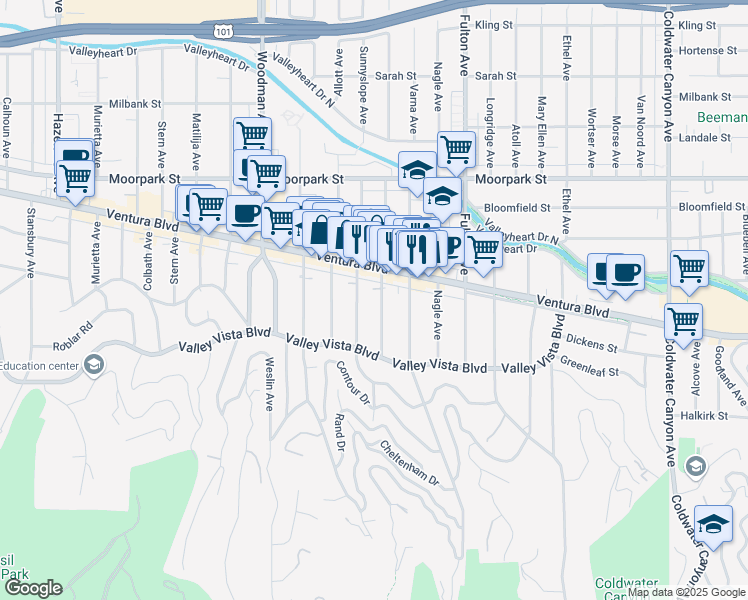 map of restaurants, bars, coffee shops, grocery stores, and more near 4169 Greenbush Avenue in Los Angeles