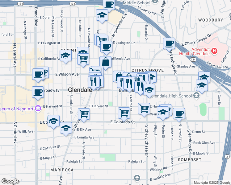 map of restaurants, bars, coffee shops, grocery stores, and more near 900 East Broadway in Glendale