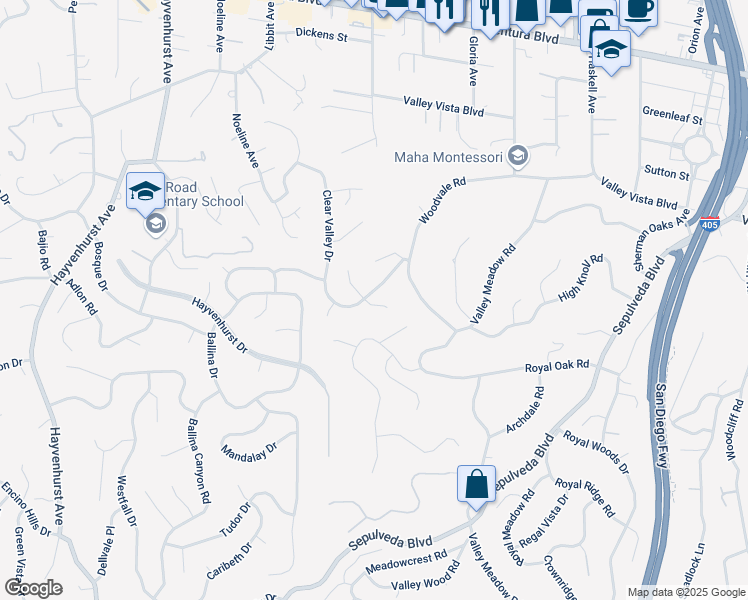 map of restaurants, bars, coffee shops, grocery stores, and more near 16061 Royal Mount Drive in Los Angeles