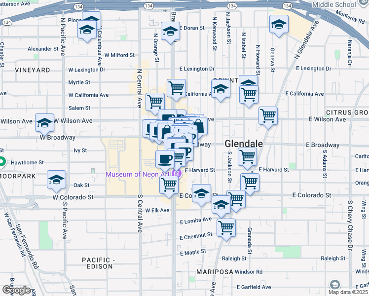 map of restaurants, bars, coffee shops, grocery stores, and more near 107 South Maryland Avenue in Glendale
