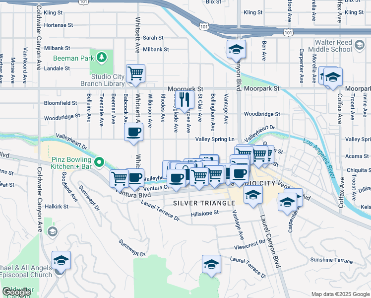 map of restaurants, bars, coffee shops, grocery stores, and more near 4139 Laurelgrove Avenue in Los Angeles