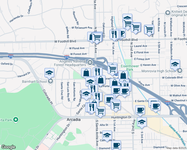 map of restaurants, bars, coffee shops, grocery stores, and more near 513 North Santa Anita Avenue in Arcadia