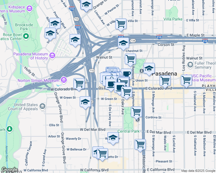 map of restaurants, bars, coffee shops, grocery stores, and more near 103 West Colorado Boulevard in Pasadena