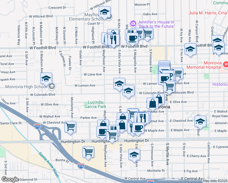 map of restaurants, bars, coffee shops, grocery stores, and more near 421 West Colorado Boulevard in Monrovia